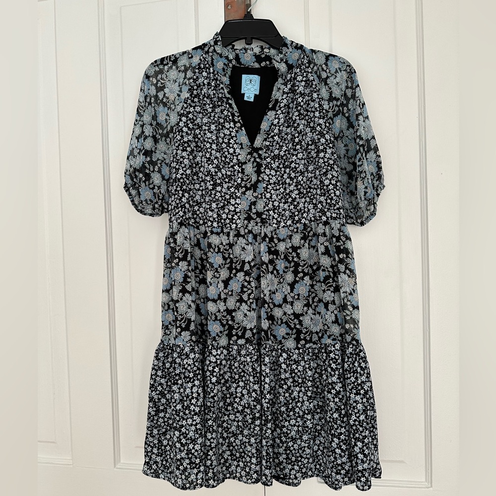 CeCe puff sleeve baby doll minidress in black and blue floral print chiffon • XS
